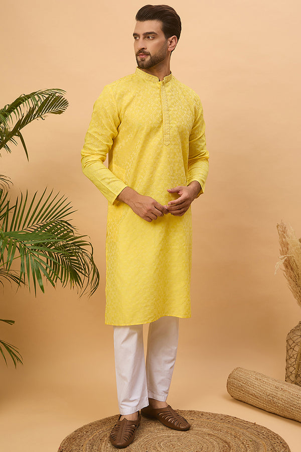Yellow Silk Blend Solid Embroidered Straight Kurta MKU1455