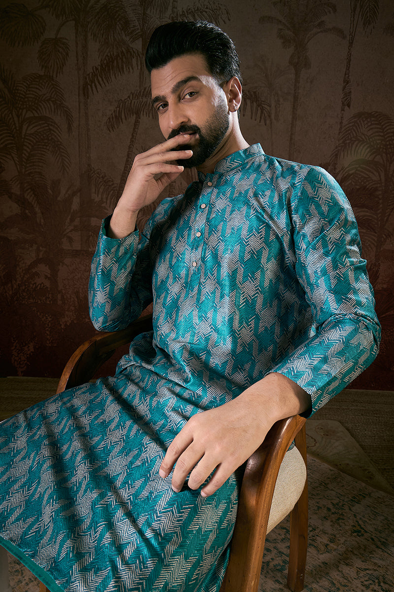 Turquoise Blue Silk Blend Chevron Printed Straight Kurta With Trouser MKSET1916