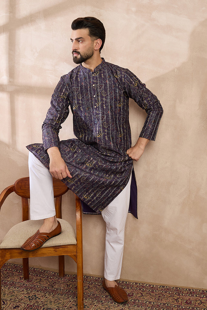 Violet Silk Blend Ethnic Motifs Printed Straight Kurta MKU1954