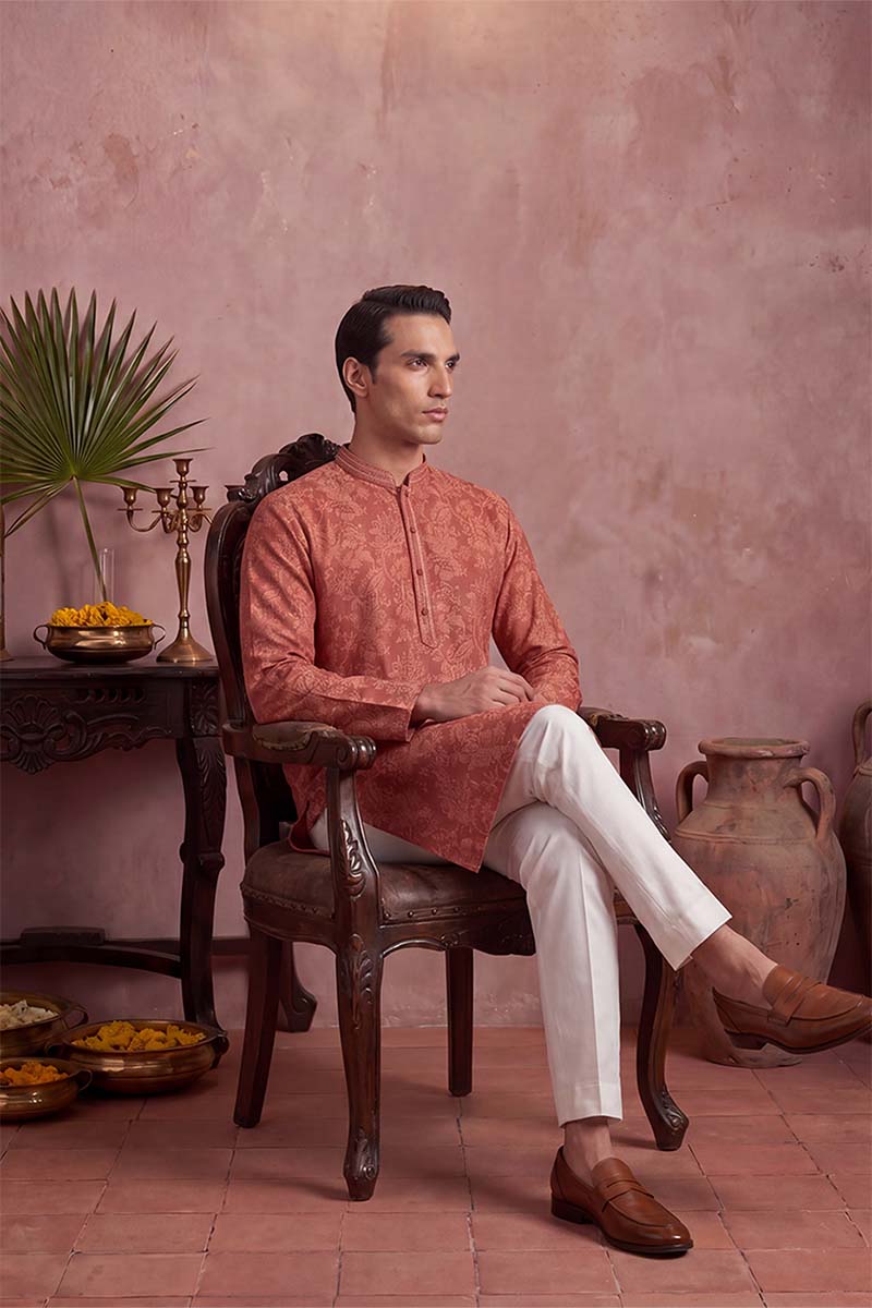Red Silk Blend Floral Printed Kurta MKU1979