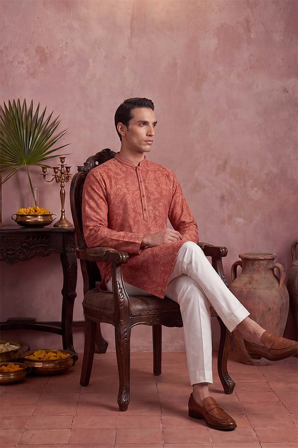 Red Silk Blend Floral Printed Kurta MKU1979