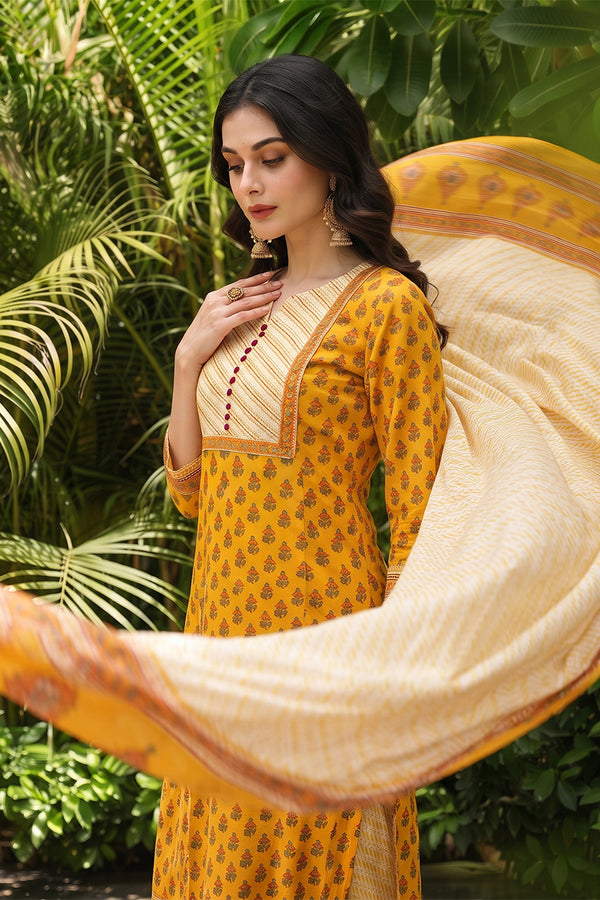 Yellow Rayon Blend Straight Suit Set VKSKD1042