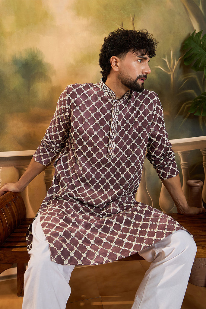 Dusty Purple Silk Blend Embroidered Shibori Straight Kurta With Trousers MKSET1418