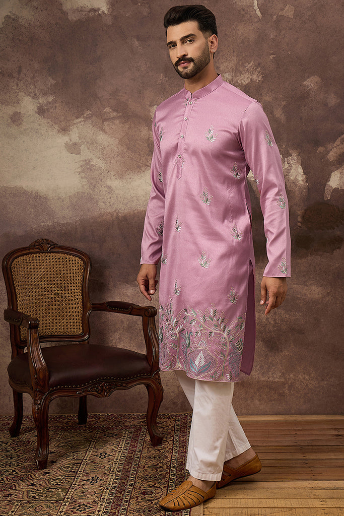 Pink Silk Blend Solid Embroidered Straight Kurta with Trouser MKSET1347