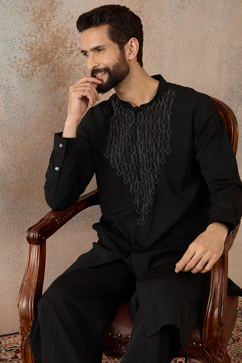 Black Silk Blend Ethnic Motifs Printed Kurta With Trouser MKSET2392