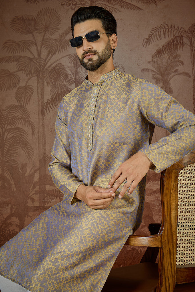 Grey Jacquard Geometric Embroidered Kurta MKU2548