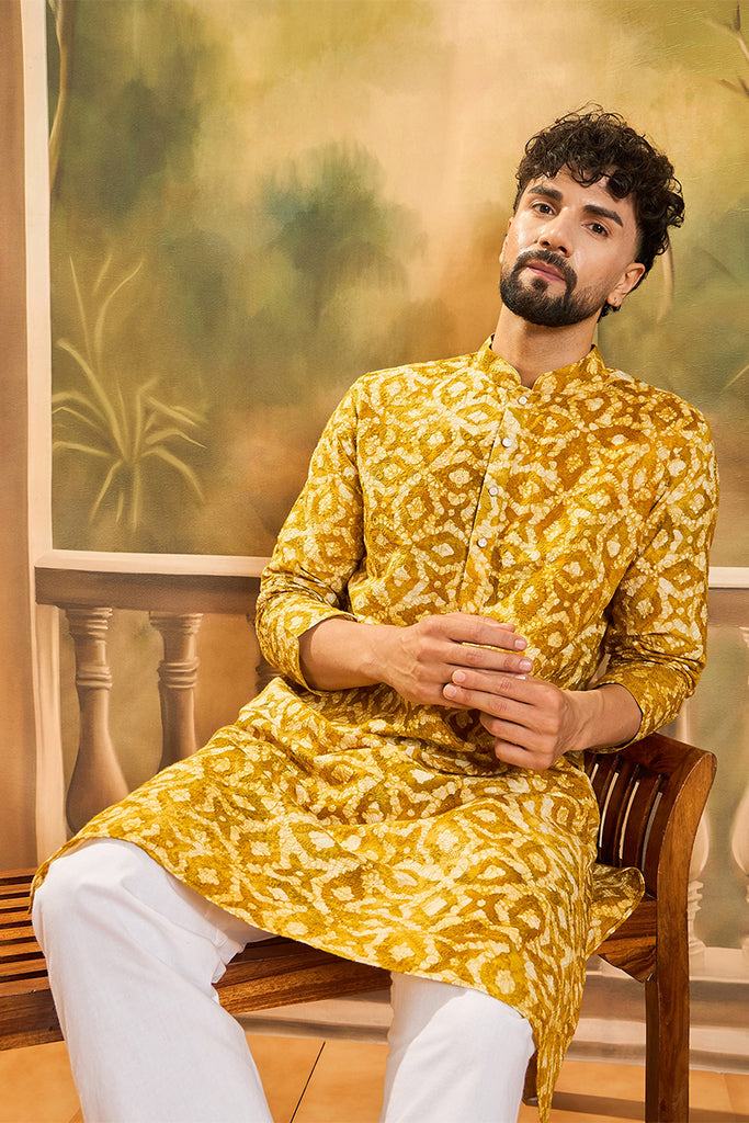 Yellow Pure Cotton Shibori Embroidered Straight Kurta with Trouser MKSET1462
