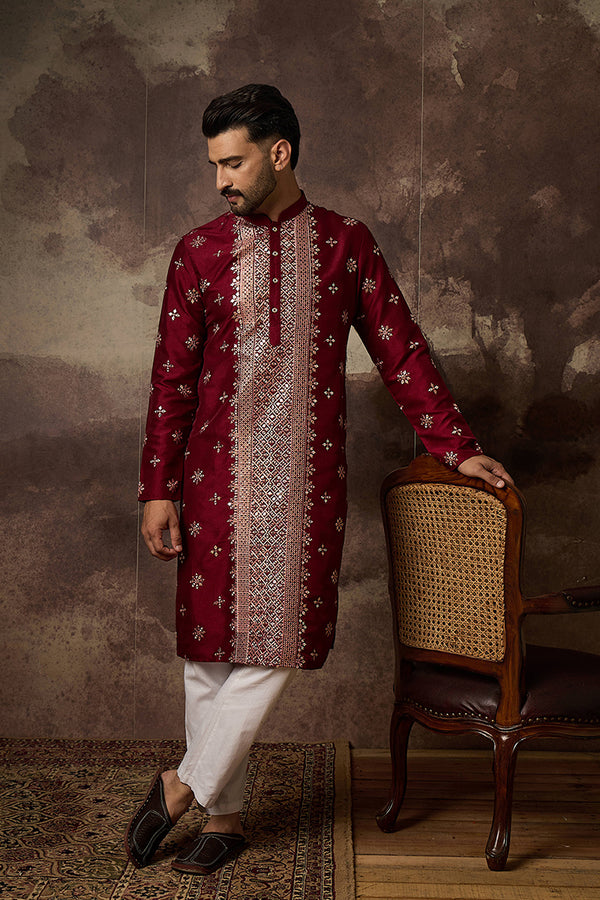 Maroon Silk Blend Solid Embroidered Straight Kurta With Pant Set MKSET1369