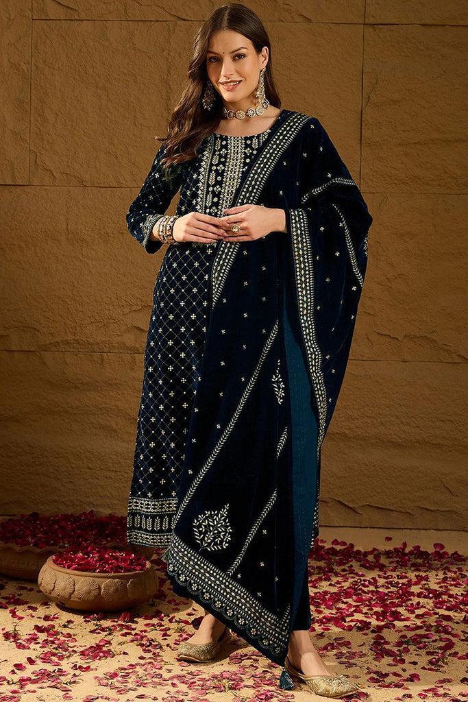 Blue Velvet Ethnic Motifs Printed Straight Trousers Suit Set PKSKD2886