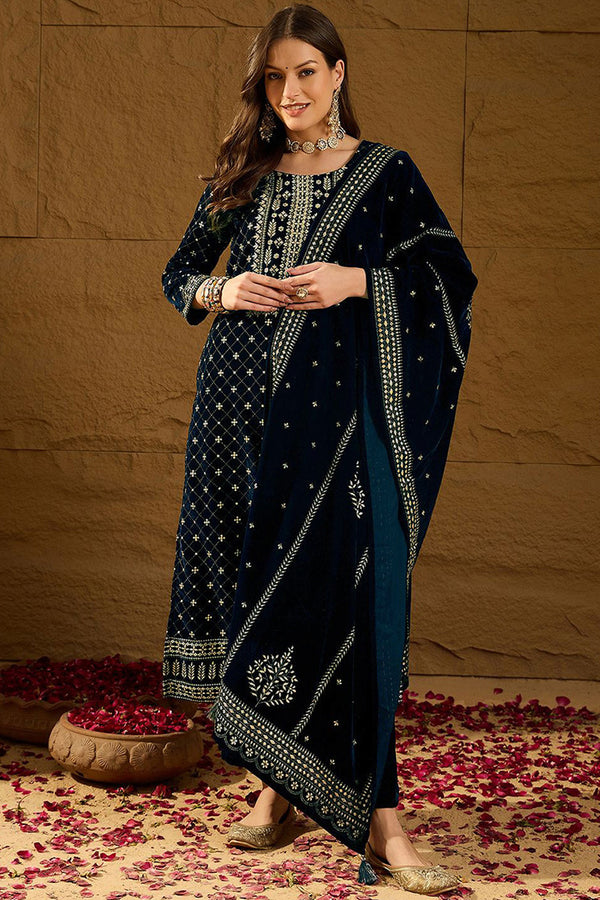 Blue Velvet Ethnic Motifs Printed Straight Trousers Suit Set PKSKD2886