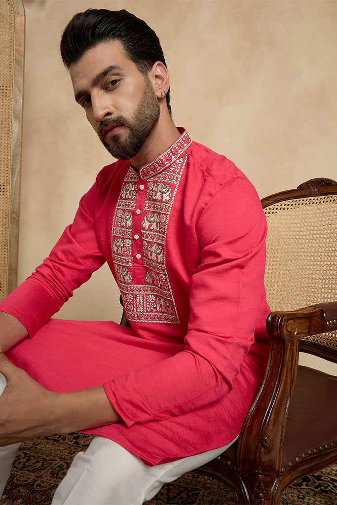 Pink Viscose Rayon Solid Embroidered Thread Work Kurta With Trouser MKSET2459