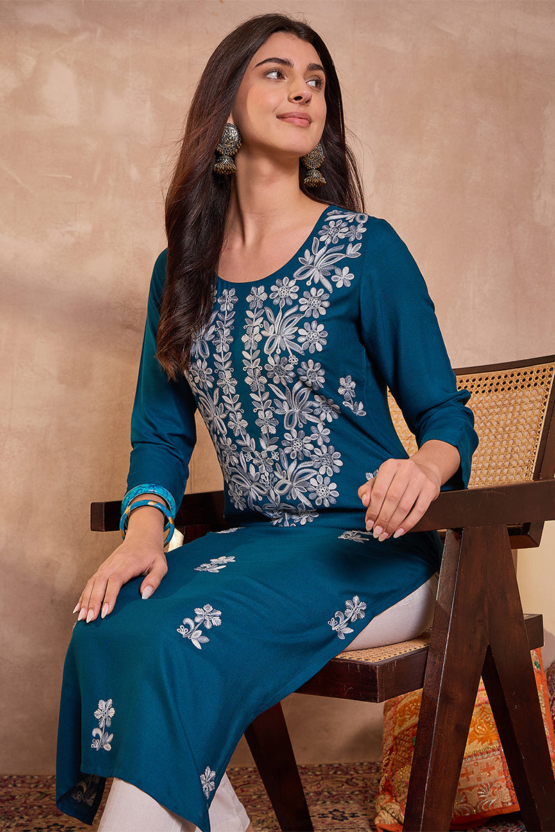 Blue Viscose Rayon Emboidered Kurti VCK9793