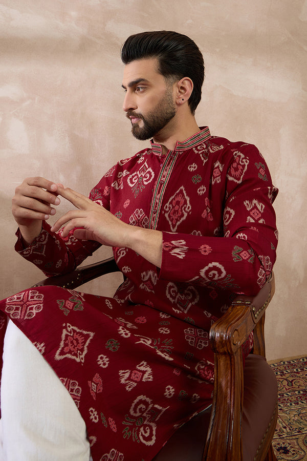 Red Silk Blend Printed Mandarin Collar Straight Kurta MKU1988