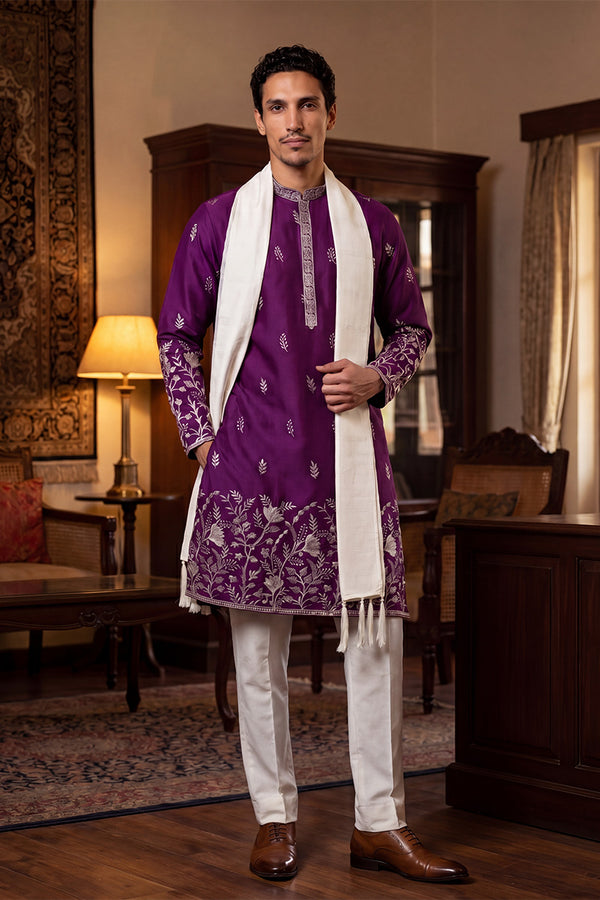 Purple Silk Blend Solid Embroidered Straight Kurta with Dupatta MKUD1944