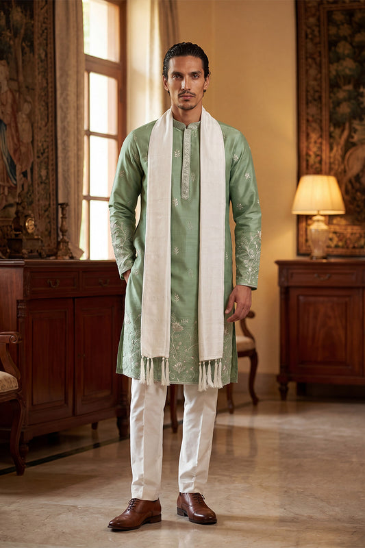Green Silk Blend Solid Embroidered Straight Kurta Sets MKPD1783
