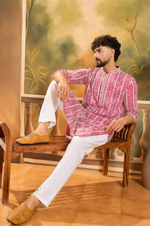 Red Viscose Rayon Shibori Embroidered Straight Kurta MKU1413