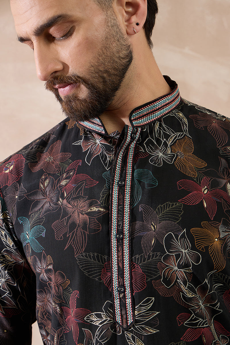 Black Silk Blend Printed Mandarin Collar Straight Kurta MKU1956