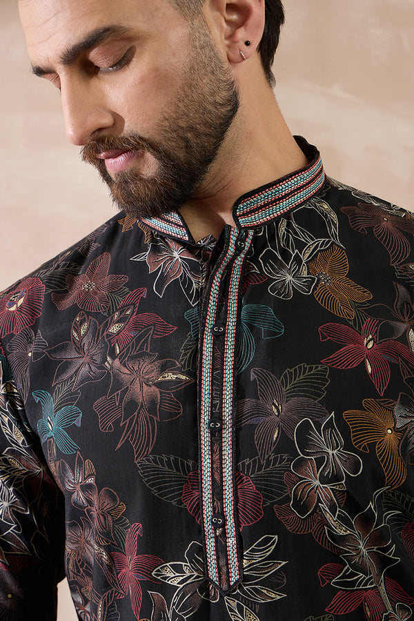 Black Silk Blend Printed Mandarin Collar Straight Kurta MKU1956