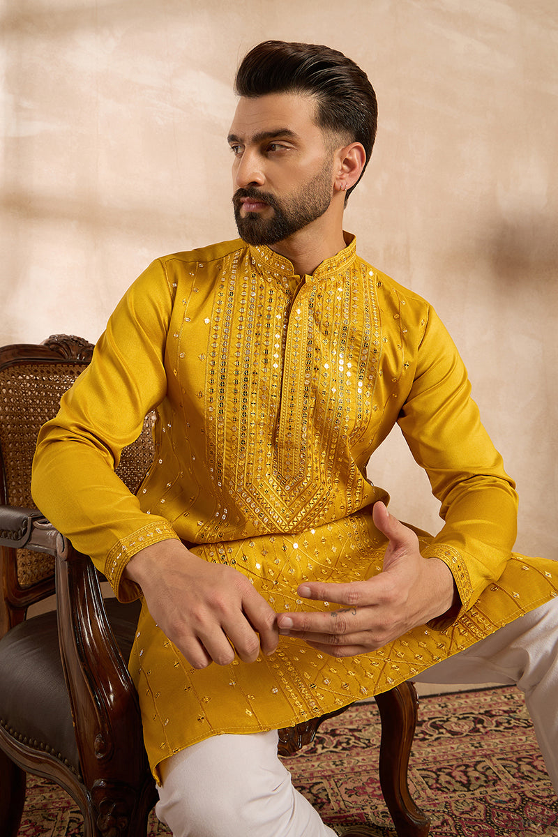 Yellow Silk Blend Geometric Embroidered Straight Kurta MKU1688