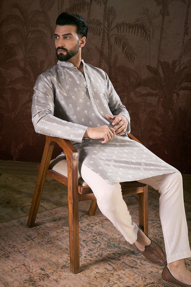 Grey Silk Blend Floral Printed Straight Kurta With Trouser MKSET1923