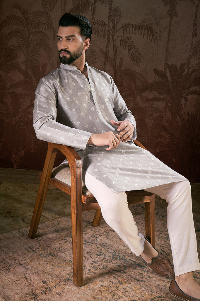 Grey Silk Blend Floral Printed Straight Kurta With Trouser MKSET1923