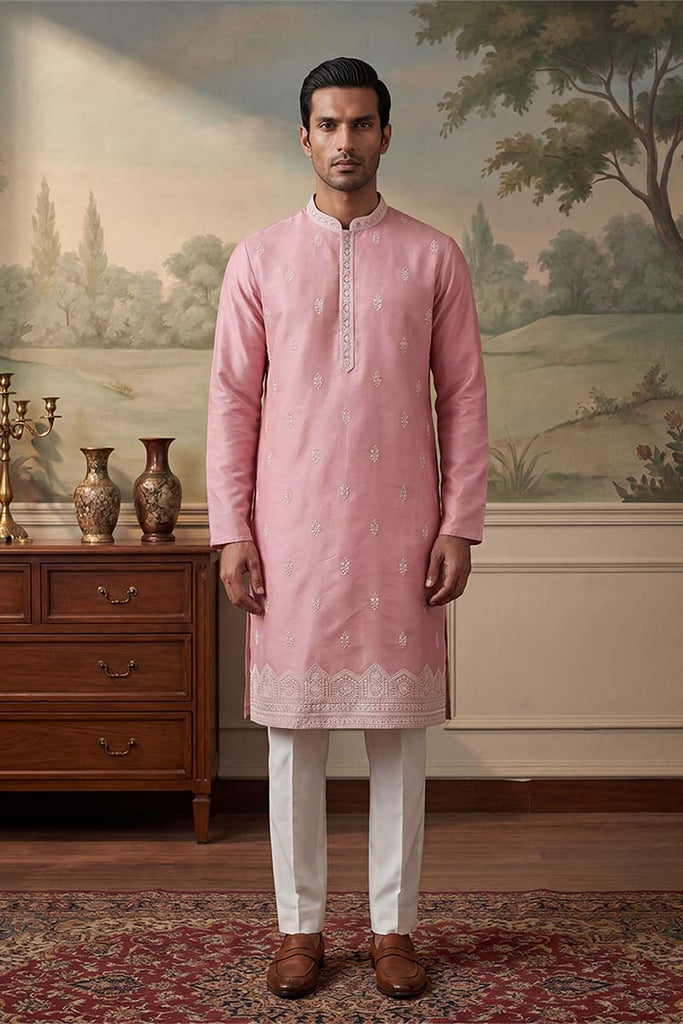 Silk Blend Pink Solid Embroidered Calf Length Straight Kurta With Trousers MKSET2271