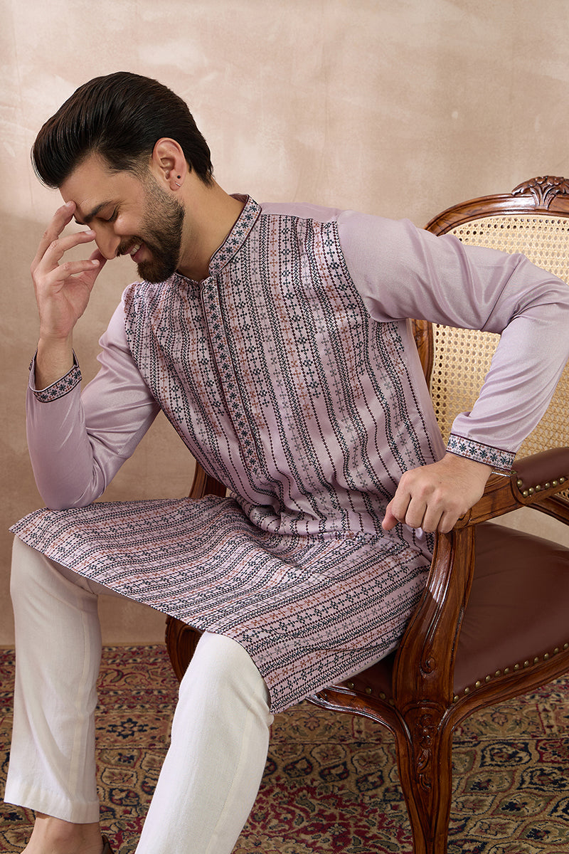 Lavender Silk Blend Embroidered Mandarin Collar Straight Kurta MKU2041