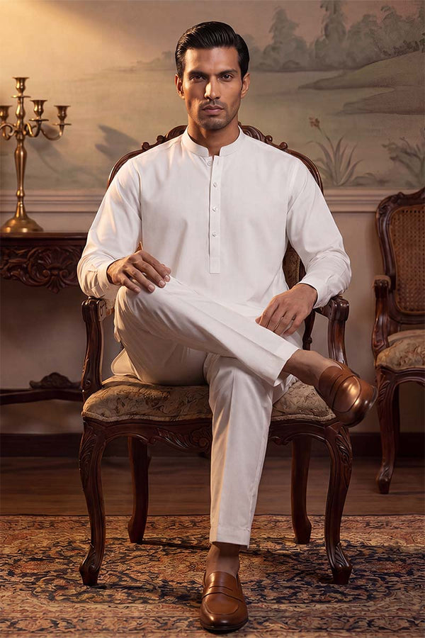 White Silk Blend Solid Solid Kurta With Trousers MKSET2220