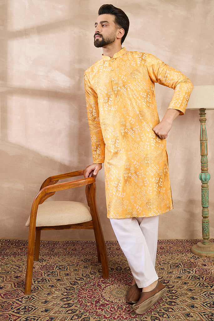 Yellow Silk Blend Ethnic Motifs Printed Straight Kurta With Trouser MKSET2012