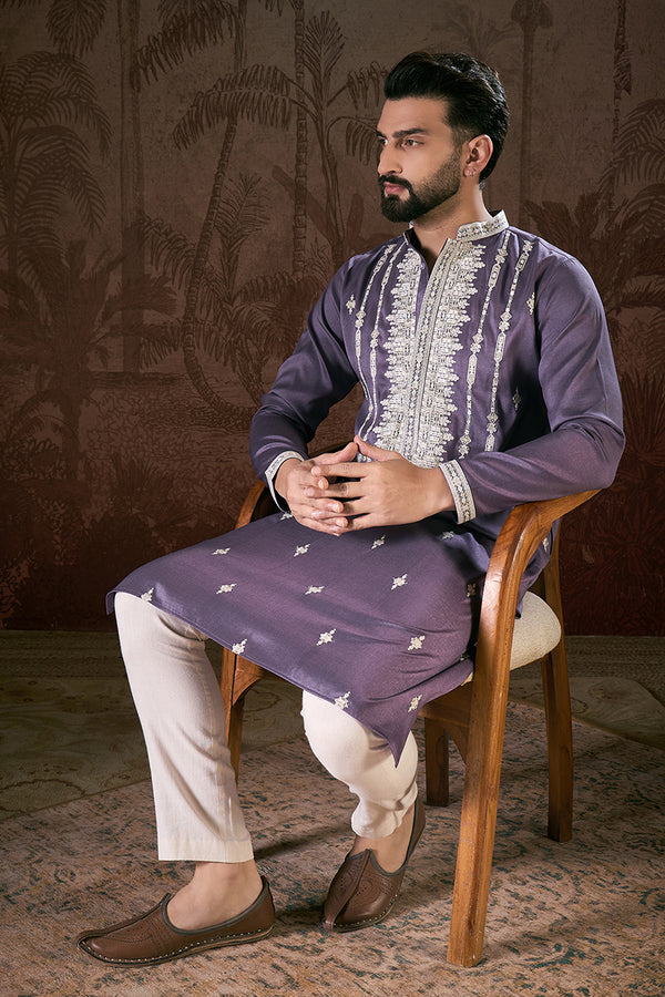 Lavender Silk Blend Solid Embroidered Straight Kurta MKU1792