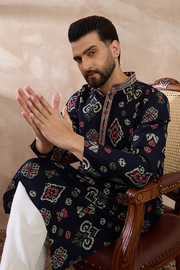 Blue Silk Blend Printed Mandarin Collar Straight Kurta With Trouser MKSET1987