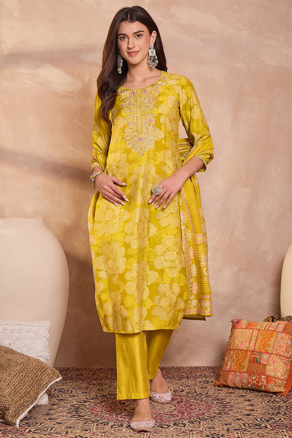 Yellow Poly Silk Floral Printed Straight Kurta Trouser With Dupatta VKSKD3209