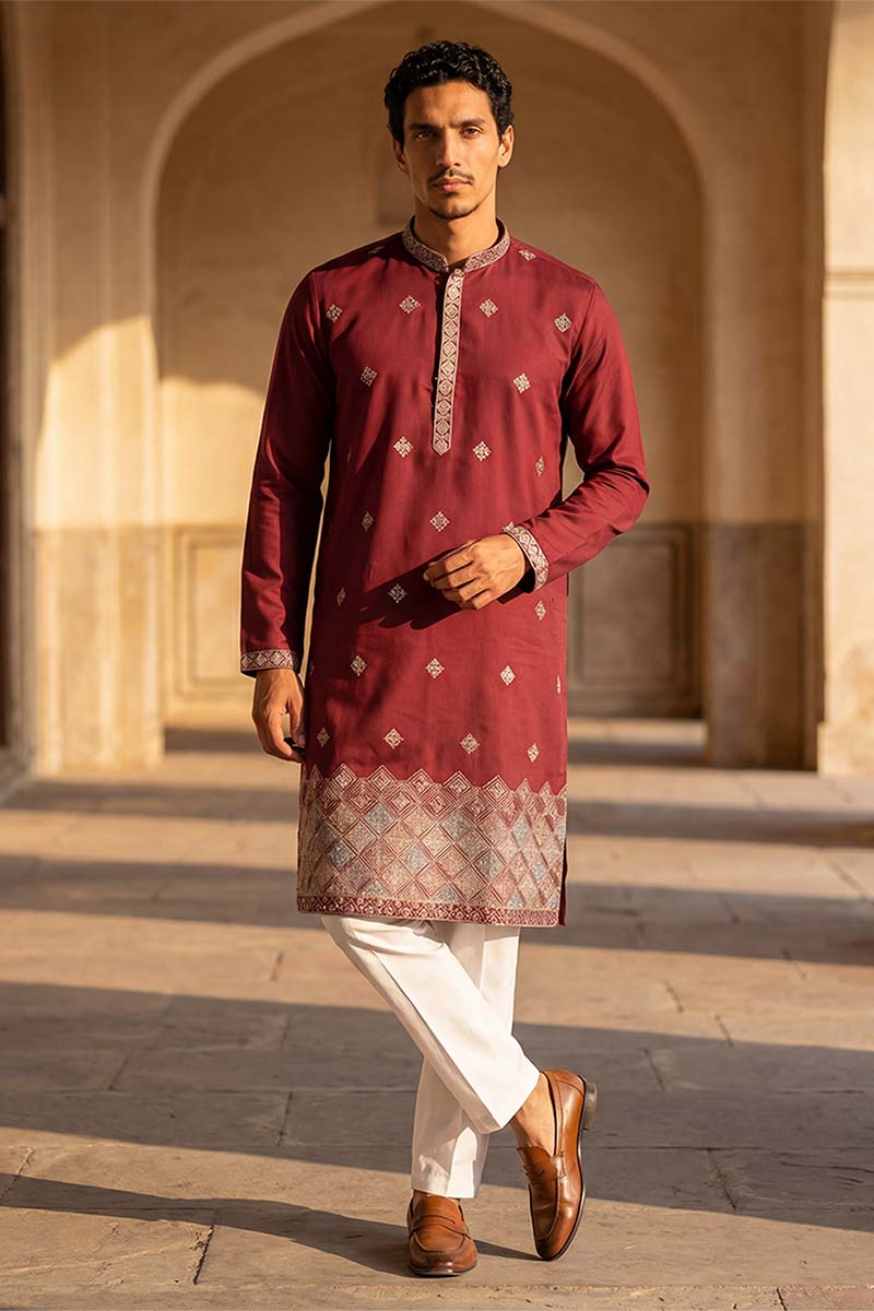 Silk Blend Maroon Solid Embroidered Calf Length Straight Kurta With Trousers MKSET2100