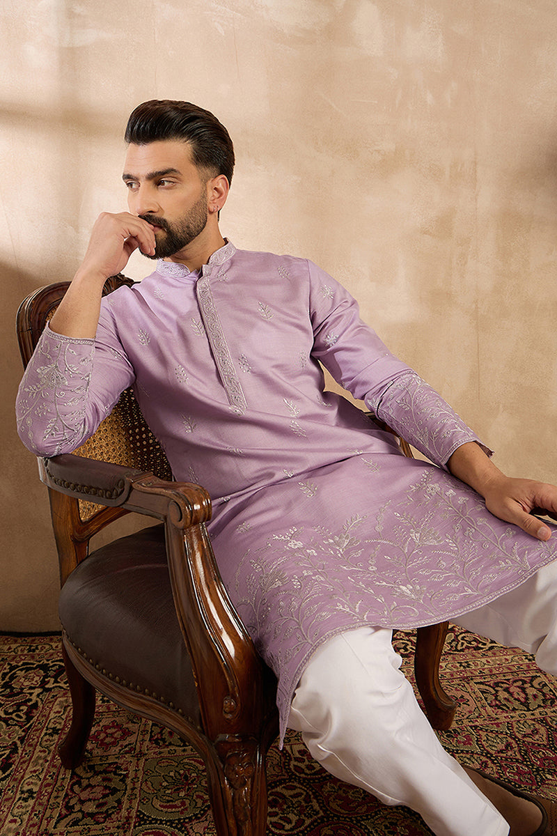 Lavender Silk Blend Floral Embroidered Straight Kurta MKU1781