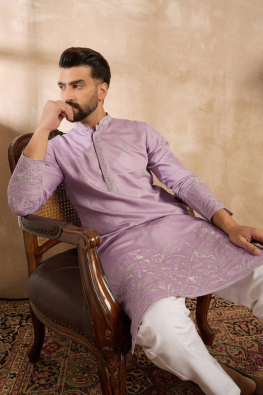 Lavender Silk Blend Floral Embroidered Straight Kurta MKU1781