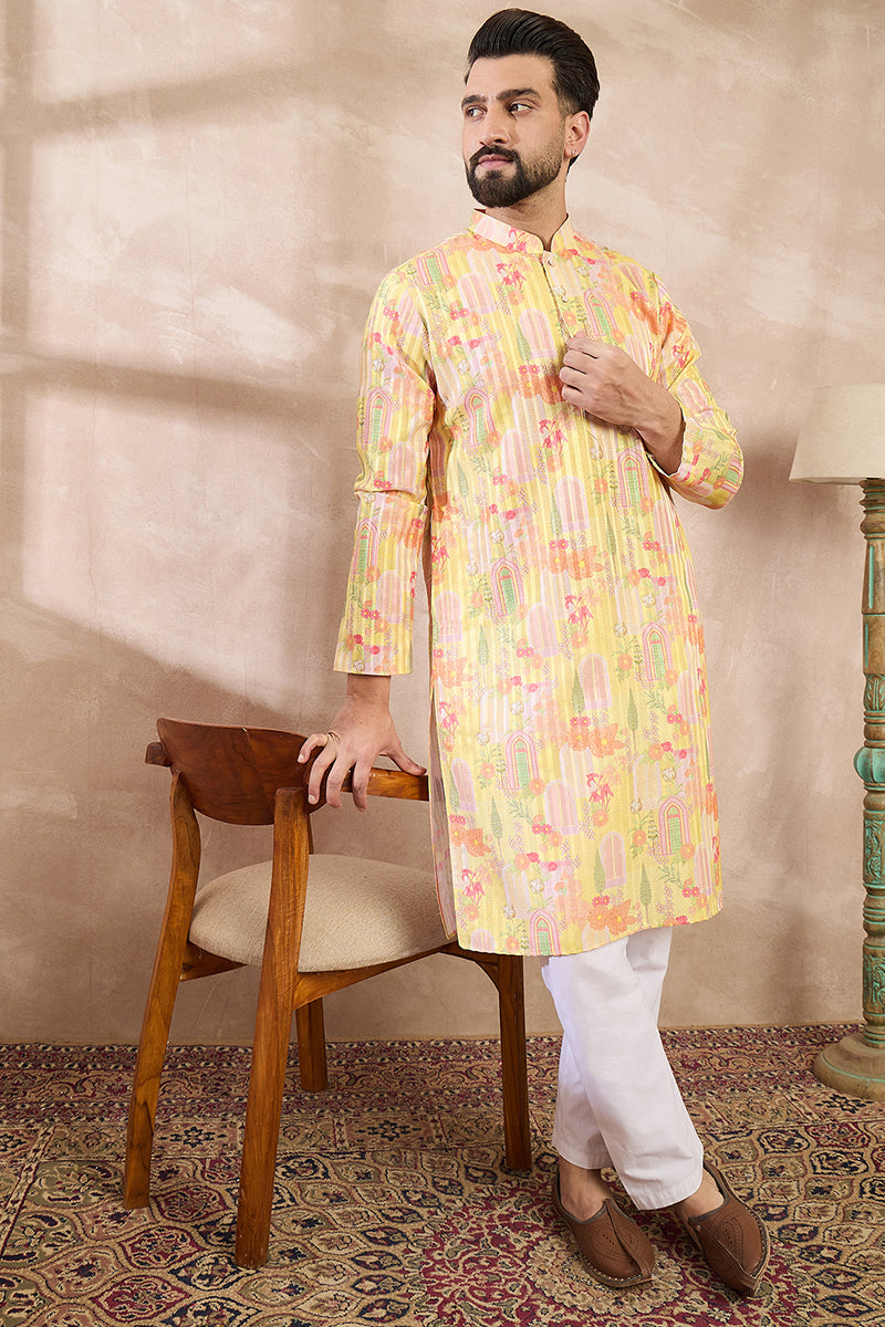 Yellow Silk Blend Abstract Printed Straight Kurta With Trouser MKSET2013
