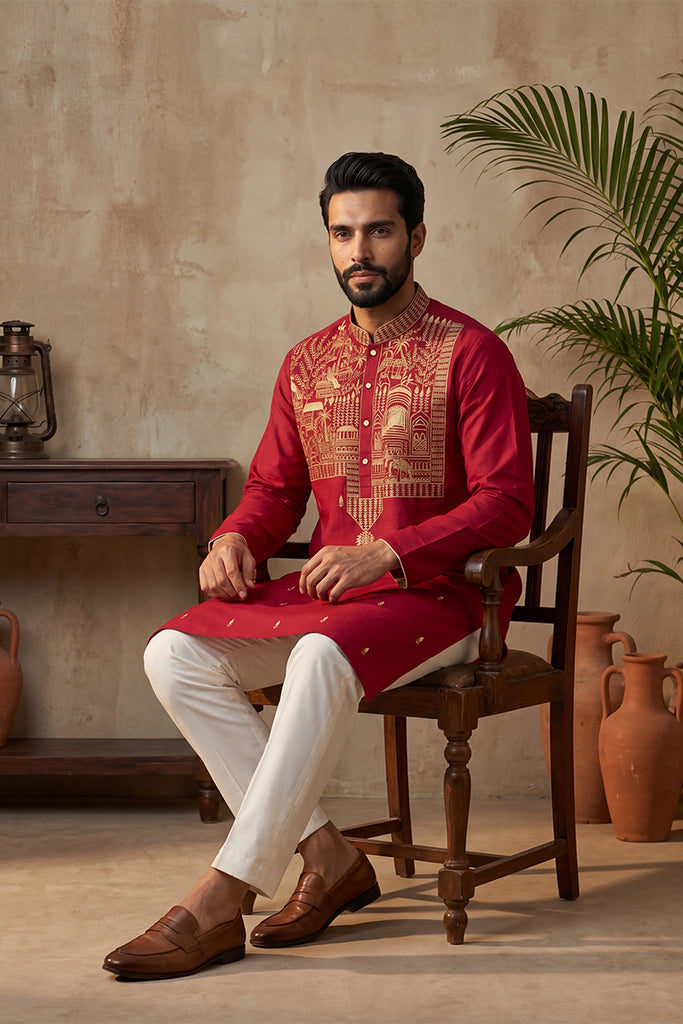 Red Silk Blend Solid Emboidered Straight Kurta With Trouser MKSET2375