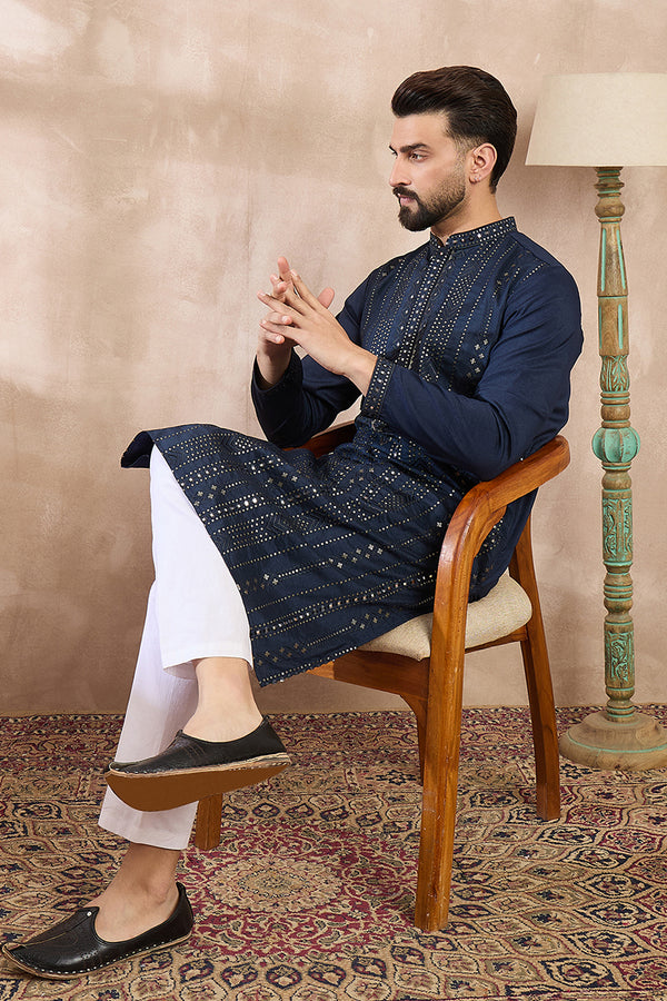 Blue Silk Blend Geometric Embroidered Straight Kurta With Trouser MKSET1890