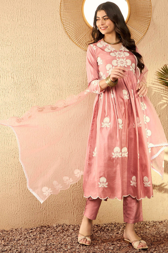 Peach Silk Blend Embroidered Kurta Trouser With Dupatta HOPPKSKD2595
