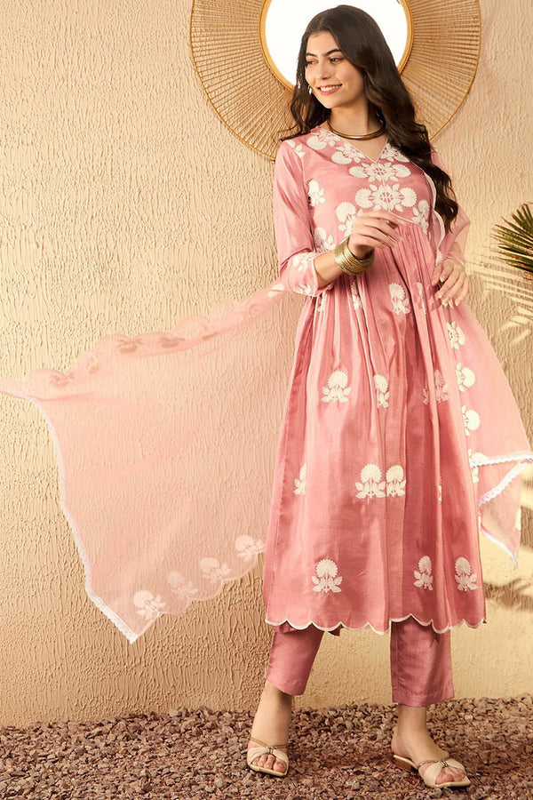 Peach Silk Blend Embroidered Kurta Trouser With Dupatta HOPPKSKD2595
