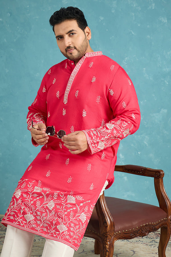 Pink Silk Blend Solid Thread Work Embroidered Kurta MKU1943