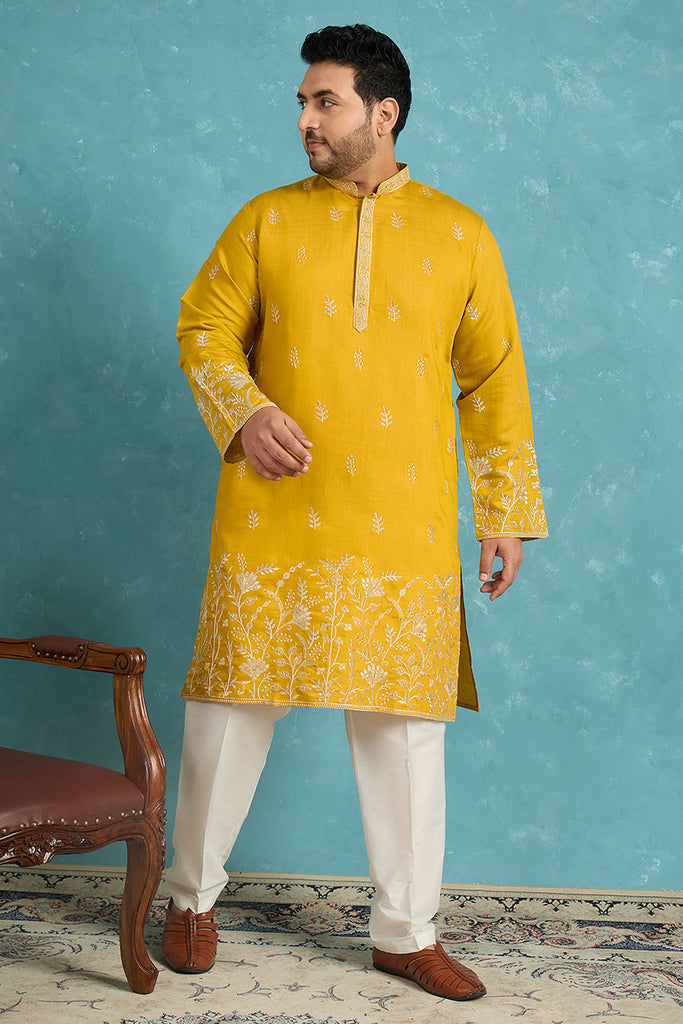 Yellow Silk Blend Solid Thread Work Embroidered Kurta MKU1314