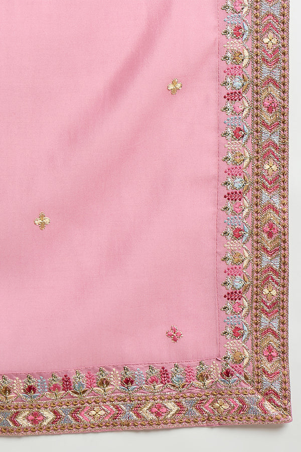 Pink Silk Blend Solid Embroidered Kurta With Dupatta MKUD1071