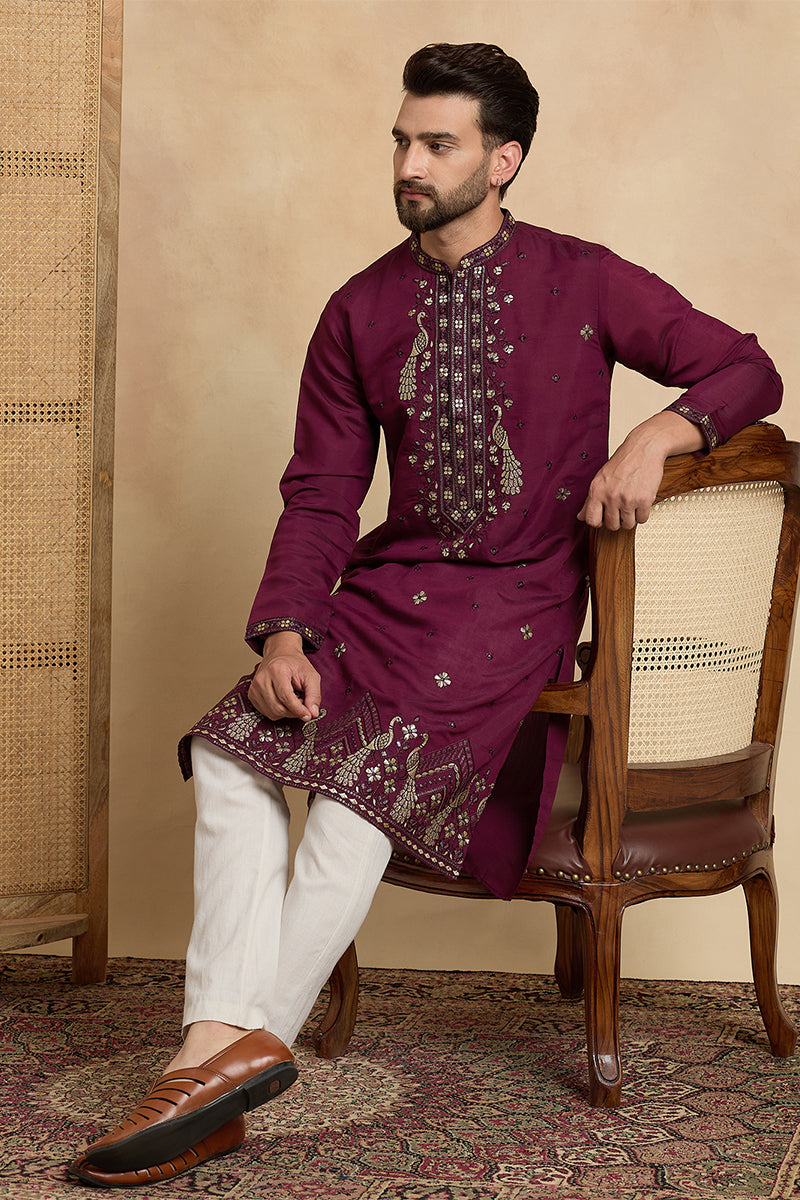 Purple Silk Blend Solid Embroidered Zari Kurta With Trouser MKSET2442