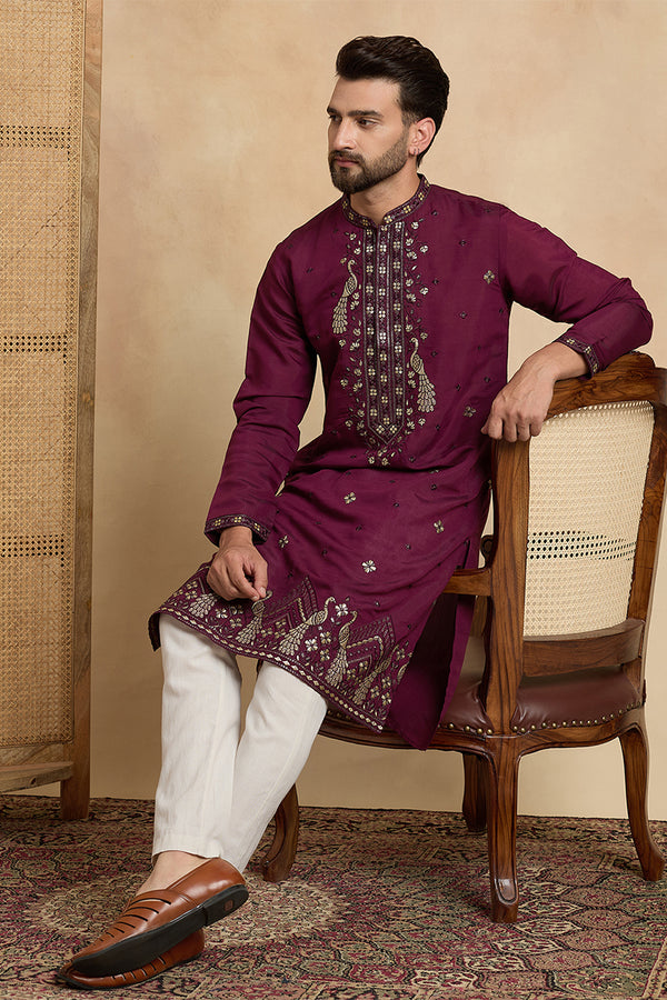Purple Silk Blend Solid Embroidered Zari Kurta With Trouser MKSET2442
