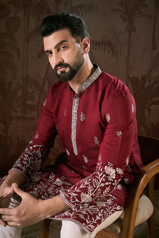 Maroon Silk Blend Solid Embroidered Straight Kurta With Trouser MKSET1945