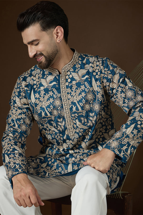 Blue Silk Blend Solid Embroidered Kurta With Trouser MKSET2728