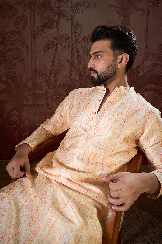 Cream Silk Blend Abstract Printed Straight Kurta With Trouser MKSET1907