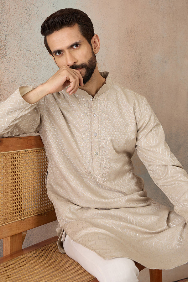Beige Linen Blend Geometric Woven Design Kurta MKU2364