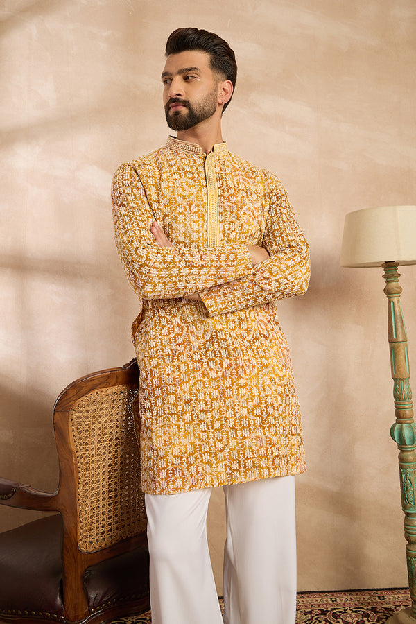 Yellow Viscose Rayon Batik Embroidered Straight Kurta MKU1656